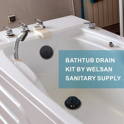 Installed Matte Black Tub Drain And Overflow Kit With Single Hole Faceplate by Welsan in white bathtub.
