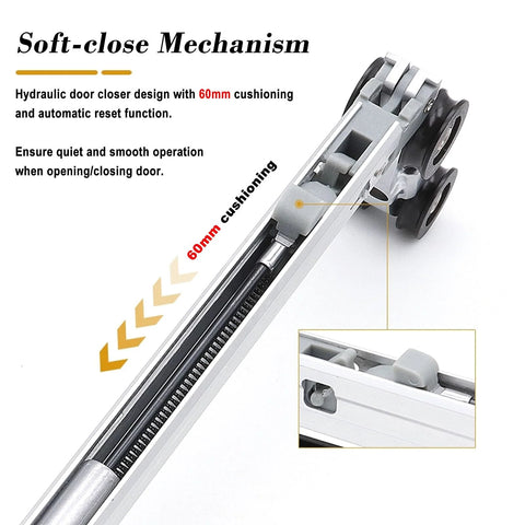 Close-up of soft-close mechanism in Sliding Door Track Kit With Soft Close Pocket Door Hardware Heavy Duty Smooth Quiet Black Barn Door System For Pantry And Closet 18.7 Feet Aluminum Single Track Includes Rollers Floor Guide And Hanger Plate.