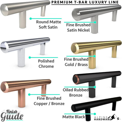 Collection of premium T-bar handles in various finishes, including polished chrome, oiled rubbed bronze, and matte black.