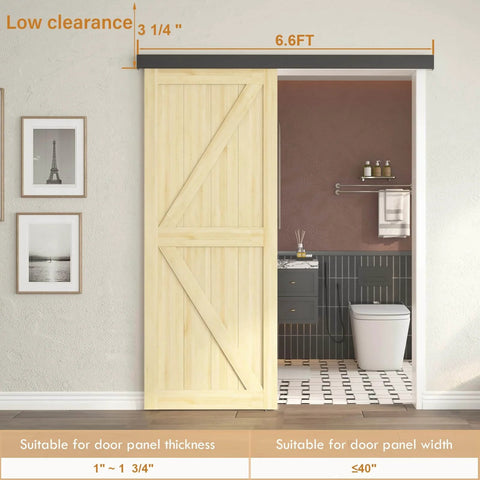 Wooden door installed with 6.6Ft Sliding Barn Door Hardware Kit With Low Clearance Aluminum Alloy Box Rail Interior Track Quiet Rollers And Shock Absorbers For A Smooth Noiseless Sliding Experience Easy To Install Black Finish For Home And Office