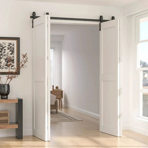 White double doors with Bi Folding Barn Door Hardware Kit 5ft 60 Inch Sliding Track For Four Doors Heavy Duty Carbon Steel Frosted Black Finish.