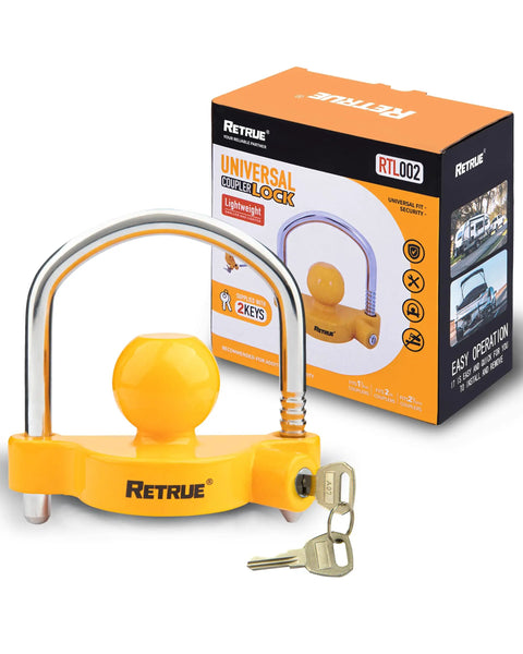 Heavy Duty Universal Trailer Coupler Lock Fits 1-7/8 Inch 2 Inch and 2-5/16 Inch Hitches Yellow Finish Includes 2 Keys Theft Deterrent and Easy Lock Up with keys and box.