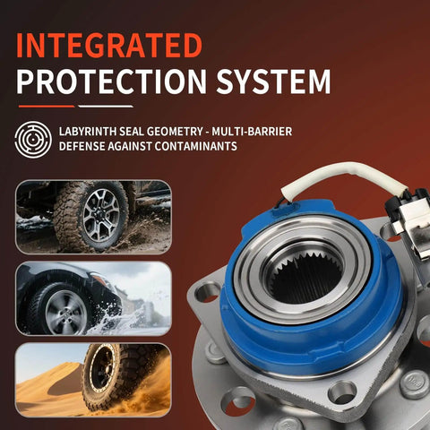 Front Wheel Hub & Bearing Assembly (Single Unit, Left or Right) Fits Chevy Pontiac Cadillac Oldsmobile Buick Models, Sealed Ball Bearing Wheel Hub 513087, OE Fit, Includes High-Temp Grease with integrated protection system showcased against graphic of wheel in motion and seal geometry.
