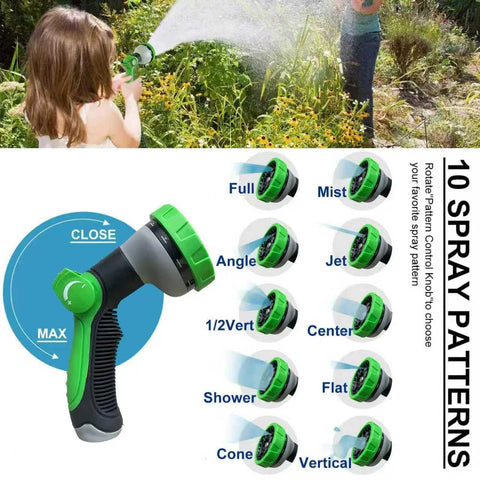 High QUA non-expanding garden hose with a green adjustable spray nozzle and 10 spray patterns.