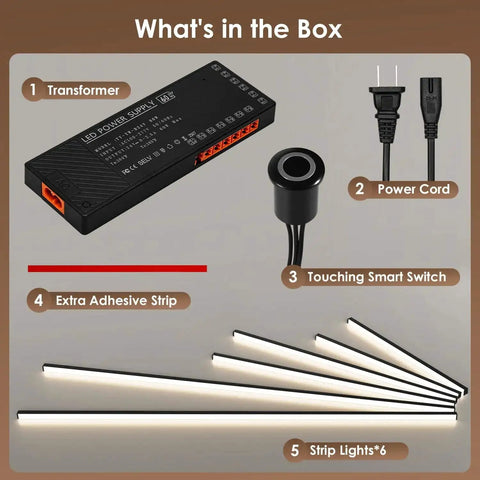 Contents of Six Piece Slat Wall Light Kit For Wood Panels With Adhesive Black LED Strips Easy Install Dimmable 3000K Warm Lighting