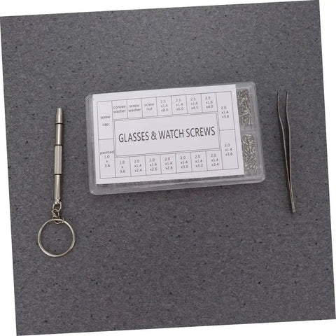 1000 Piece Stainless Steel Miniature Screws Kit For Glasses Phones Watches And Eyewear With Screwdriver And Tweezers Included All In One Assorted Sizes Rust Resistant Easy Install Go To Repair Set visible with screws, a screwdriver, and tweezers.