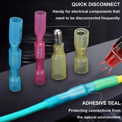 Heat shrink bullet connector kit, 110 pcs, 22-10 AWG, waterproof male and female terminals for automotive use.
