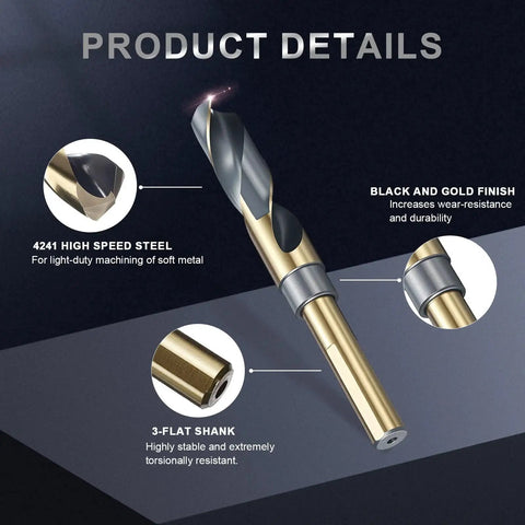 23/32 Inch Drill Bit Pro Grade With 1/2 Inch Reduced Shank 3 Flat Shank 4241 High Speed Steel Black Gold Finish displayed