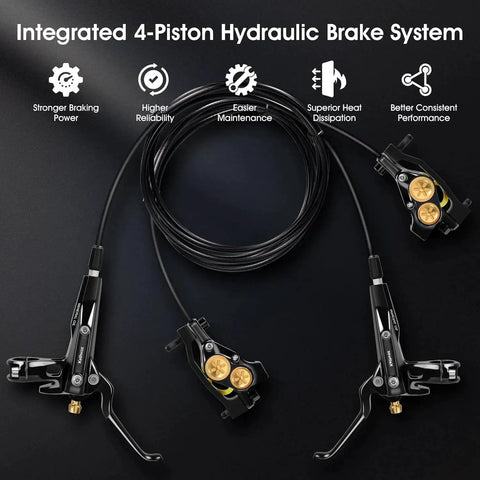 Kethvoz MTB hydraulic brake set, 4-piston calipers with front and rear levers and 180mm rotors