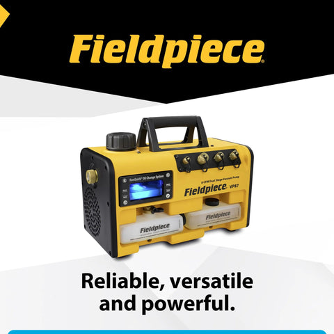 Fieldpiece VP87 vacuum pump front view with RunQuick oil change system, yellow HVAC tool, two white Fieldpiece oil cans.