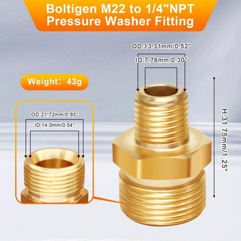 Brass High Pressure Washer Adapter One Quarter NPT Male To M22 Fourteen Millimeter Male Converter 4800 PSI, dimensions shown