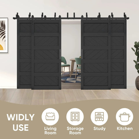 Double Bypass Sliding Barn Door Kit With Wave Panel 144x84 Inches in black, installed in a living room setting, sliding open