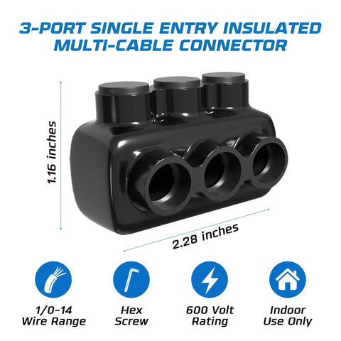 OHLECTRIC 4-pack 3-port insulated wire connector, black plastic, for 4–14 AWG, hex screw, oxide inhibitor.