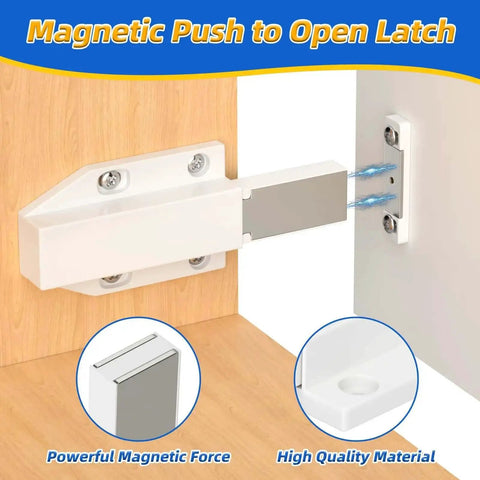 Heavy Duty Magnetic Push Latch for Cabinets and Large Doors No Handle Push to Open Touch Latch White 2 Pack Installed View
