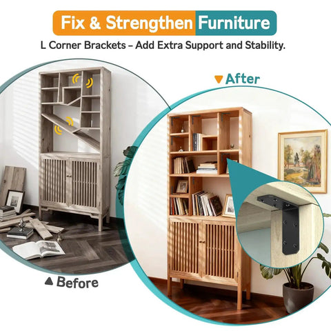 Before and after using Heavy Duty Steel L Bracket 3x3x1.2 Right Angle Corner Brace for stabilization of wooden furniture.