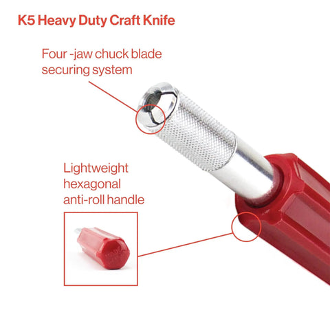 K5 Heavy Duty Craft Knife with four-jaw chuck blade system and red hexagonal anti-roll handle close-up view