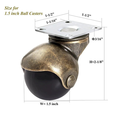 Heavy Duty 1.5 Inch Ball Caster Wheels For Furniture Set Of Four Swivel Castors With Antique Brass Top Plate And 180 Pound Capacity Ideal For Ottomans Chairs And Wheelchairs Not For Small Chair Legs - close-up view with measurements