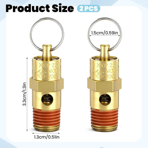 Two brass 1/4 in NPT air compressor check valves with ring tops and red threaded bases