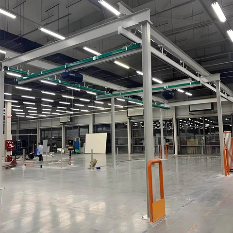 Beefy 8 Wheel Beam Trolley Assembly For Unistrut 1-5/8 Inch Wide Taller Channel Track in warehouse setting