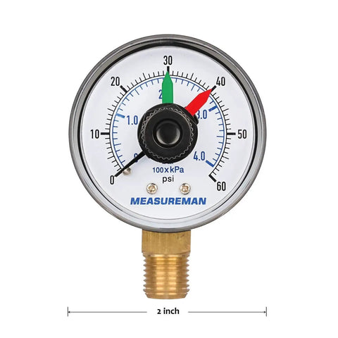 Front view of boxed pressure gauge for pool and spa filters with 2 inch dial and one quarter inch NPT bottom mount, measures 0 to 60 psi and 0 to 4 bar on a dual scale, brass wetted parts, sturdy plastic case, twist reset pointer for quick filter checks.