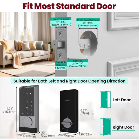G1 Video Smart Lock With Camera And Doorbell, 6 In 1 Keyless Entry System dimensions for standard doors, front and side view