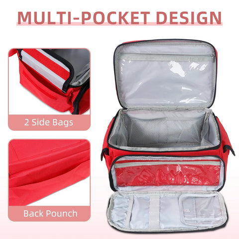 Red First Aid Bag Portable Medical Kit Organizer For Car Travel Office Outdoor Camping Hiking, open view showing interior compartments