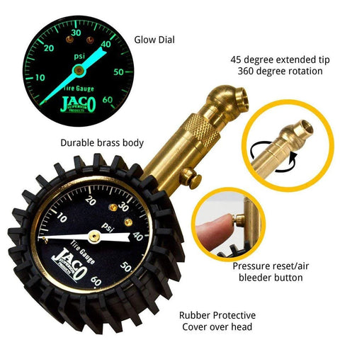 JACO Elite Tire Pressure Gauge 60 PSI with glow dial, brass body, rubber protective cover