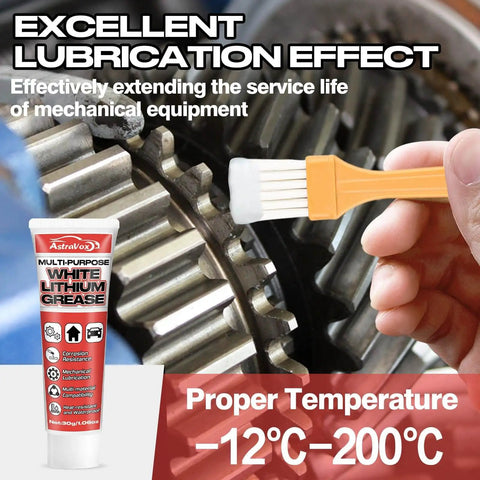 White Lithium Grease All-Purpose Lubricant With Brush For Hinges, Bearings, Gears, Chains And Garage Doors in use on gears