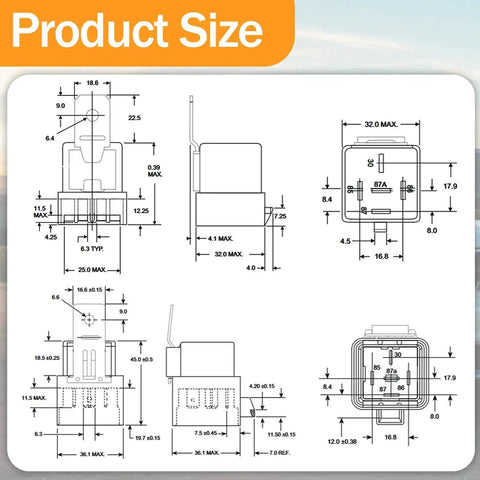 Technical drawing dimensions for Beefy 50A SPDT Relay With 1 Form C, 12V DC Coil, Silver Tin Oxide Contacts, Quick Connect Terminals