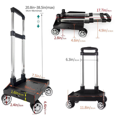 Foldable Aluminium Alloy Wheeled Backpack Trolley With Edge Guard Base, dimensions labeled, showing four spinner wheels and collapsible frame.