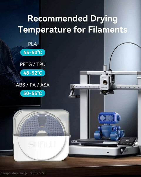 Filament Dryer Enclosure With Built-In Circulation Fan next to 3D printer, showing recommended drying temperatures for various filaments.