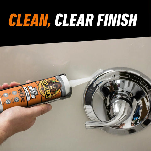 Gorilla 100% silicone sealant all-purpose, 10 oz cartridge, clear, applied around a chrome bathroom faucet (pack of 1)