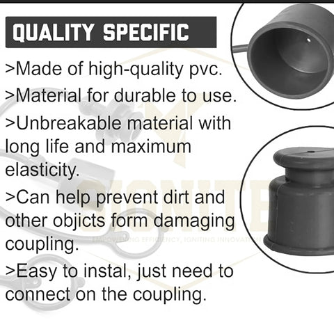 2-pack black PVC dust caps and female plug covers for ISO 16028 hydraulic quick disconnects on skid steer tractors