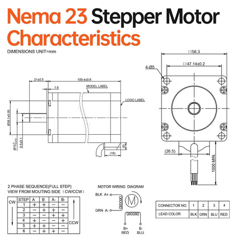 Technical diagram of Nema 23 Stepper Motor 2 Phase 1.8 Degree Beefy Torque Bipolar 3.5Nm with dimensions and wiring details