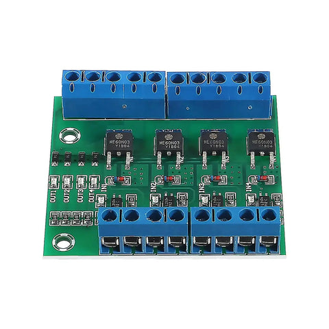 Rock Solid 4 Channel PLC Amplifier Module With MOSFET Driver And Optocoupler Isolation, top view showing connections and components.