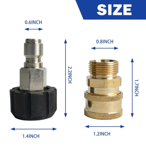 Heavy Duty Power Washer Quick Connect Fittings M22 14mm To Three Eighths Inch Adapter Set For Pressure Washers Two Piece Stainless Steel Quick Disconnect Coupler Kit For Fast Easy Connections showing size dimensions