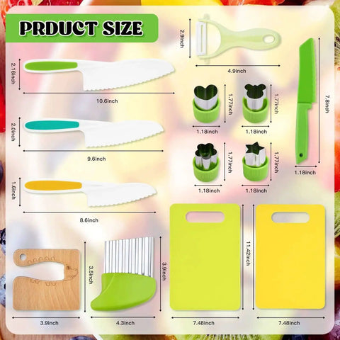 Dimensions of Real Kitchen Skills For Little Chefs 13 Piece Toddler Knife Set With Wooden And Plastic Knives, Cutters, Boards
