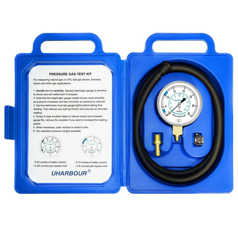 UHARBOUR gas pressure test kit in blue plastic case with gauge, 40-inch hose, 1/8 in NPT fitting and barbed connector