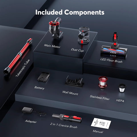 Comvtu cordless vacuum components in red: main motor, LED floor brush, battery, HEPA filter, wall mount