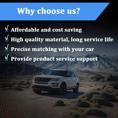 Ford SUV in rocky landscape with overlay text on choosing benefits; fits Five Pairs Engine Cover Retainers And Shield Thumb Pins With Screws And Nuts Replacement Clips That Drop In And Fit Ford F150 Edge And Explorer W716006S439 BB5Z00817A