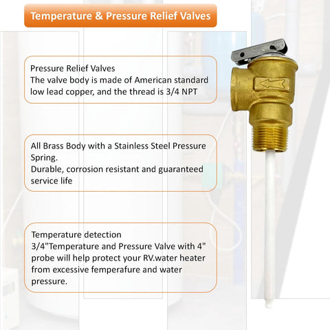 Brass temperature and pressure relief valve with 3/4 NPT, lever, and extension probe.