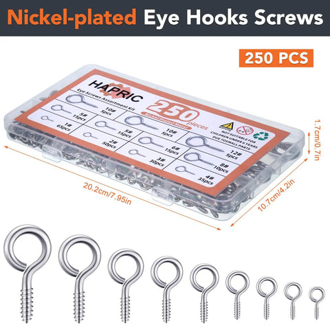 Heavy Duty Eye Hook Screws 0.75 To 1.75 Inches 250 Pcs Nickel Plated Screw Eyes in plastic case