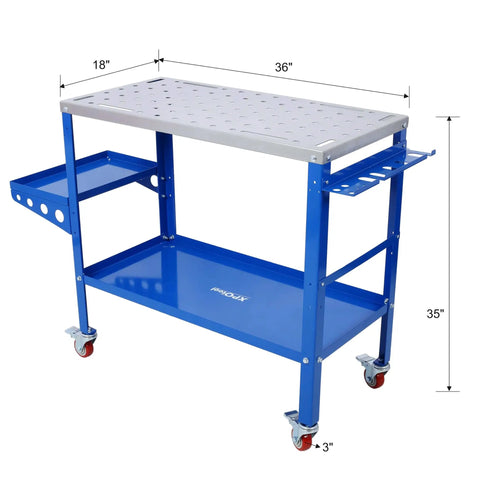 36x18 Inch Heavy Duty Welding Workbench On Wheels With 1200 Pound Load Capacity, Portable Steel Table with blue finish and tool tray.