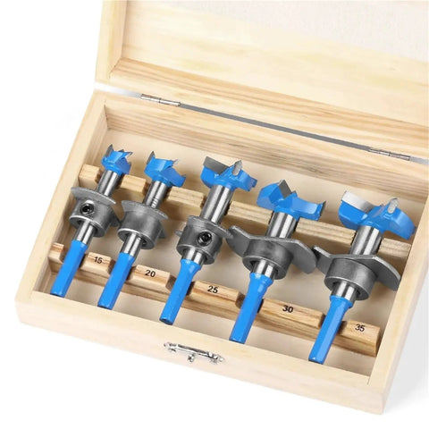 Set of 5 cobalt steel Forstner bits in a wooden case, including 30mm Hinge Hole Opener Forstner Drill Bit With Cobalt Steel Core Tip