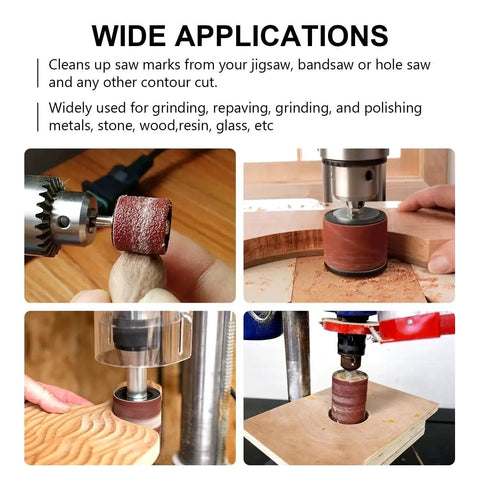 Pro Sanding Drum Kit With One Quarter Inch Shank For Drill Or Drill Press Includes Four Rubber Drums In Use On Wood And Metal