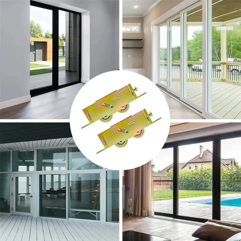 2 Pack Sliding Patio Door Tandem Roller Assembly Replacement Fits Guardian Croft VinylMax And Other Sliding Door Manufacturers 1-1/4 Inch Steel Ball Bearing End Adjustment 5-3/4 Inch Screw Hole Centers image showing roller and installed sliding doors
