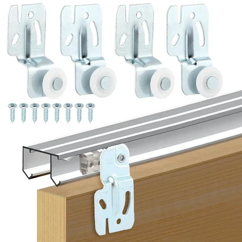 Sliding Door Hardware Wardrobe Roller Kit With Four Wheels for Top Hung Bypass Doors with screws and track, fits 3/4 to 1-3/8 inch doors.