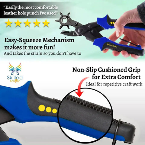 Leather Belt Hole Punch Set With Case Heavy Duty Revolving Punch In Six Hole Sizes with cushioned handles and grip features.