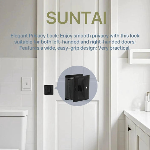 Privacy Sliding Door Lock With Pull In Matte Black Finish, Solid Brass Pocket Door Lock For 1-3/8 Inch Thick Doors, installed