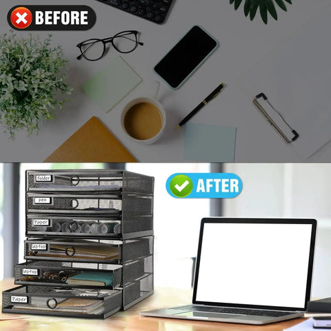 Two Pack Black 3 Tier Wire Mesh Desk Organizer With Drawers Stackable File Sorter And Paper Tray For Home Office Holds A4 And Letter Sized Paper Office Accessories Back To School Workhorse shown on table near laptop